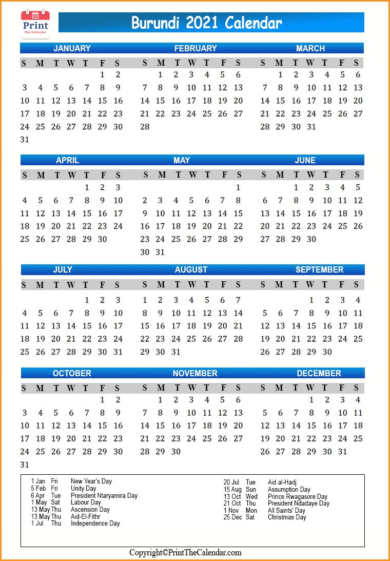 Burundi Calendar 2021